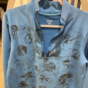 Blue horse sketch quarter zip fleece sweatshirt pullover size XL